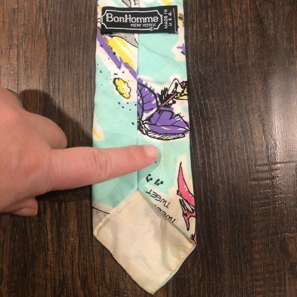Vintage Bon Homme Stegosaurus Dinosaurs Novelty Necktie Light‎ Blue Comic Retro - Picture 10 of 11